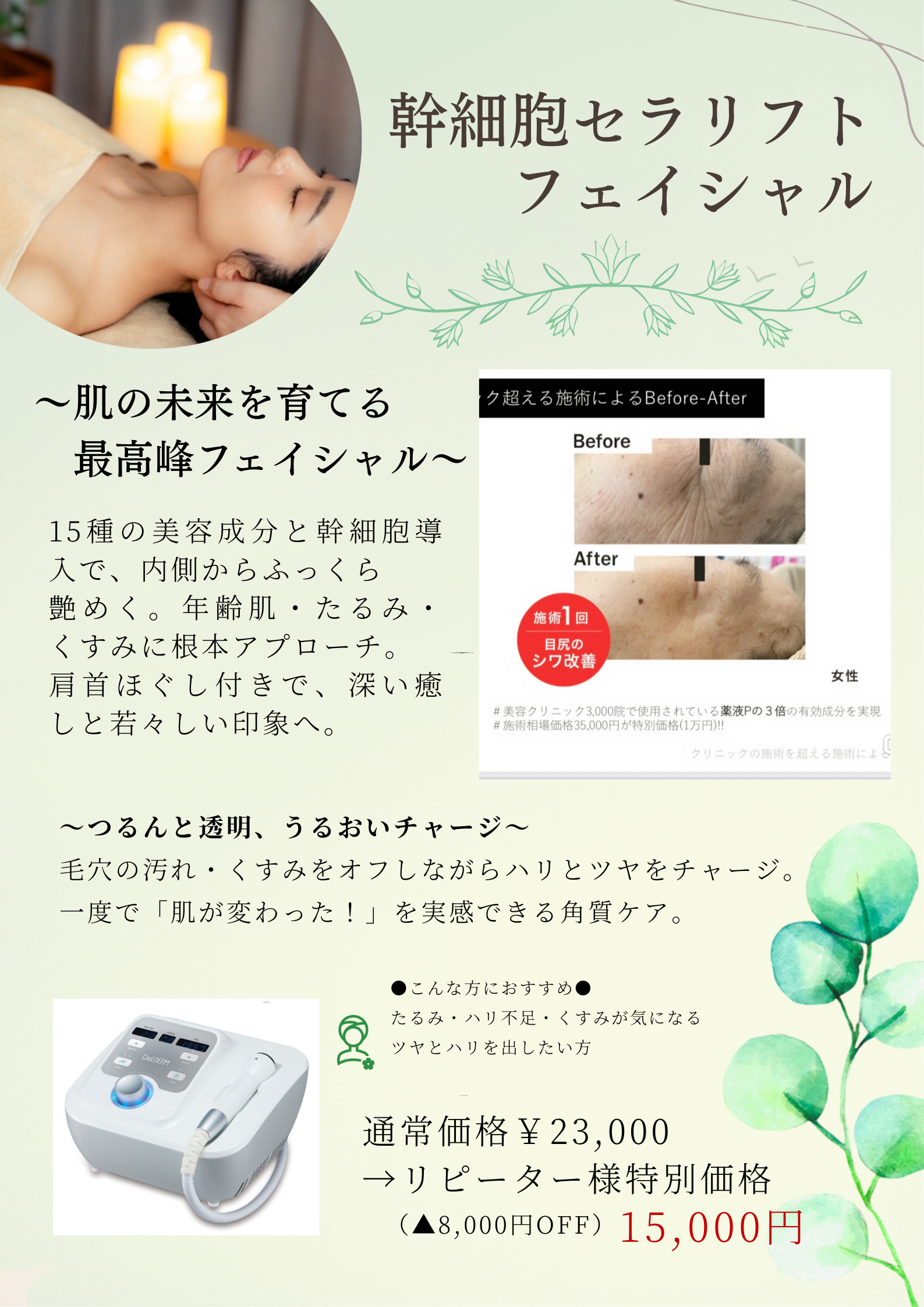 顔が疲れている・くすみ/目のくぼみ・たるみ･毛穴

導入施術の最高峰。たった１回で違いがわかる　本物の導入美容

その悩み解決のヒントがここに。

お顔、デコルテ、首肩コリに溜まった疲労をすっきり流して

医師監修のエレクトロポレーションで希少な神経、脂肪幹細胞培養上清液を導入。

艶、ハリをよみがえり、表面のケアだけではなく、真皮層のケアをします。

回数を重ねるたびに、若返る最先端フェイシャルエステです。